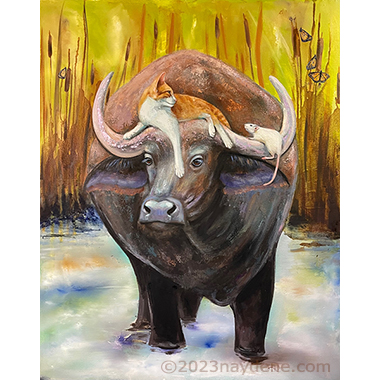 painting of water buffalo with butterflies